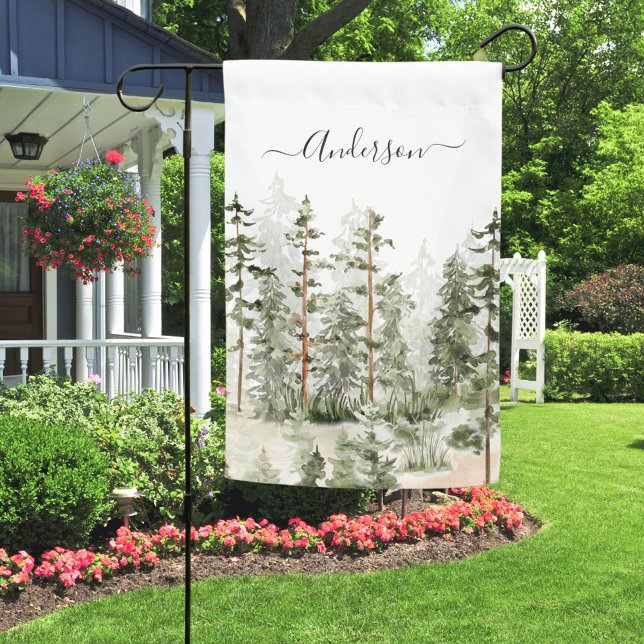 Watercolor Rustic Green Forest Garden Flag (In situ)