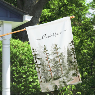 Watercolor Rustic Green Forest House Flag