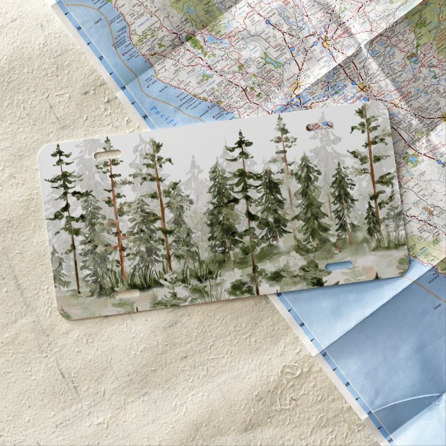 Watercolor Rustic Green Forest License Plate (In Situ)