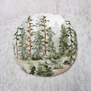 Watercolor Rustic Green Forest Round Pillow