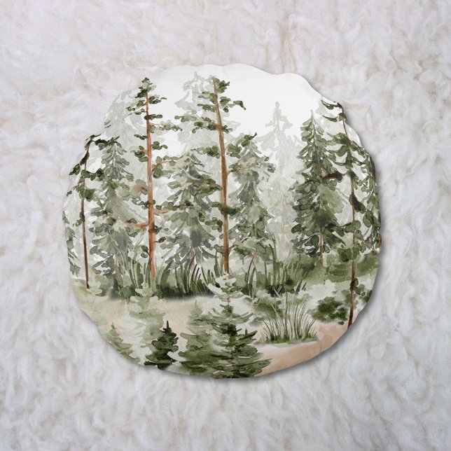 Watercolor Rustic Green Forest Round Pillow (In situ)