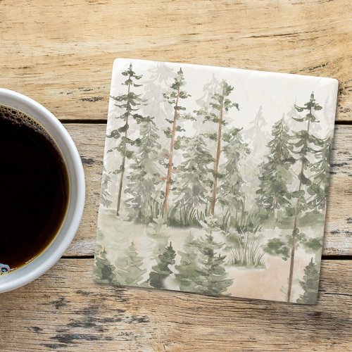 Watercolor Rustic Green Forest Stone Coaster