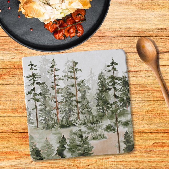 Watercolor Rustic Green Forest Trivet (In situ)