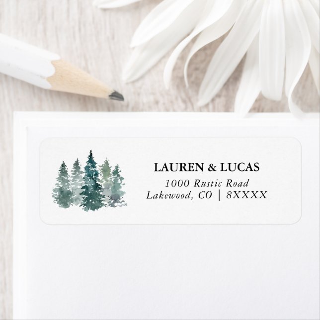 Watercolor Rustic Green Pine Forest Trees Wedding Label (Insitu)