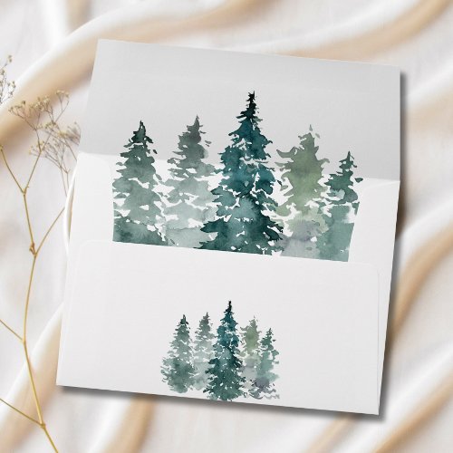 Watercolor Rustic Green Pine Trees Forest Wedding Envelope