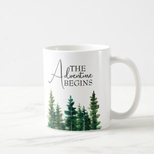 Watercolor Rustic Green Trees Adventure Begins Coffee Mug
