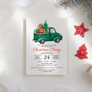 Watercolor Rustic Green Truck Christmas Party Invitation