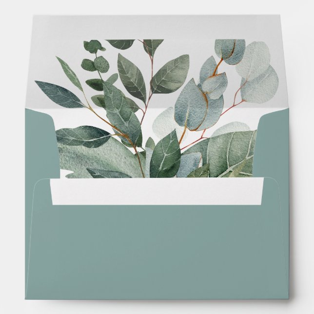 Watercolor Rustic Greenery Sage Leaves Wedding Envelope (Back (Bottom))