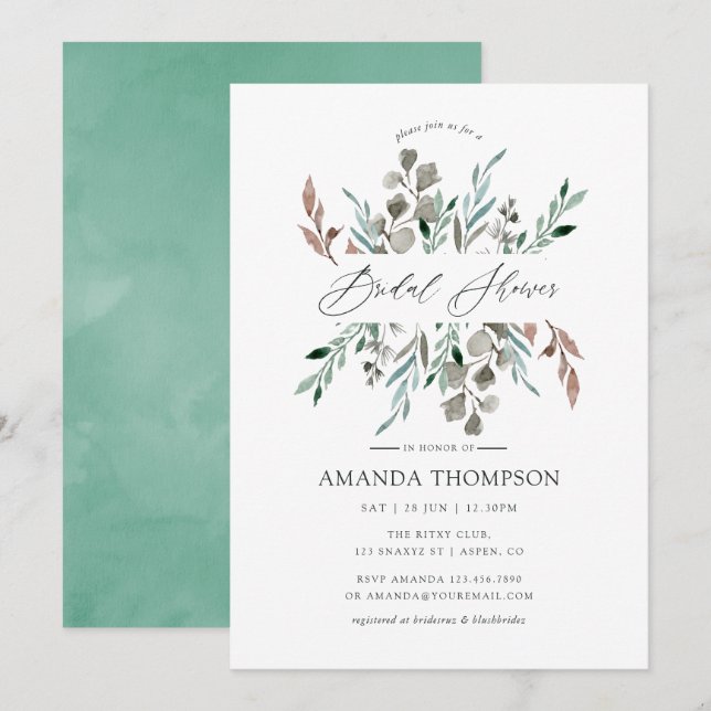 Watercolor Rustic Greenery Winter Bridal Shower Invitation (Front/Back)
