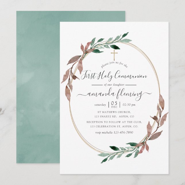 Watercolor Rustic Greenery Winter Holy Communion Invitation (Front/Back)