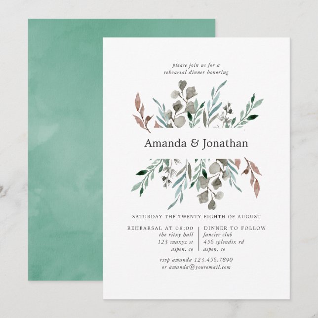 Watercolor Rustic Greenery Winter Rehearsal Dinner Invitation (Front/Back)