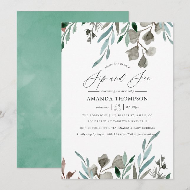 Watercolor Rustic Greenery Winter Sip and See Invitation (Front/Back)