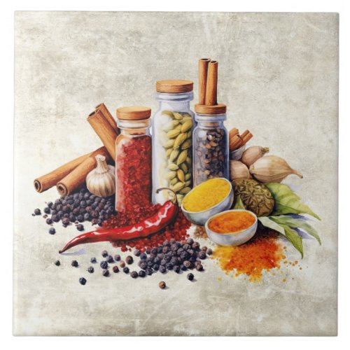 Watercolor Rustic Herbs Spices Faux Texture  Ceramic Tile