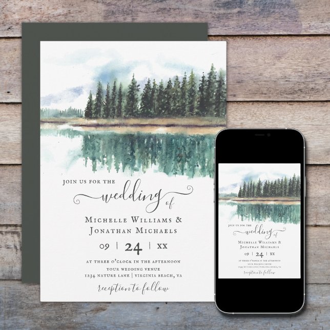 Watercolor Rustic Lake | Mountain Lake Wedding Invitation (Creator Uploaded)