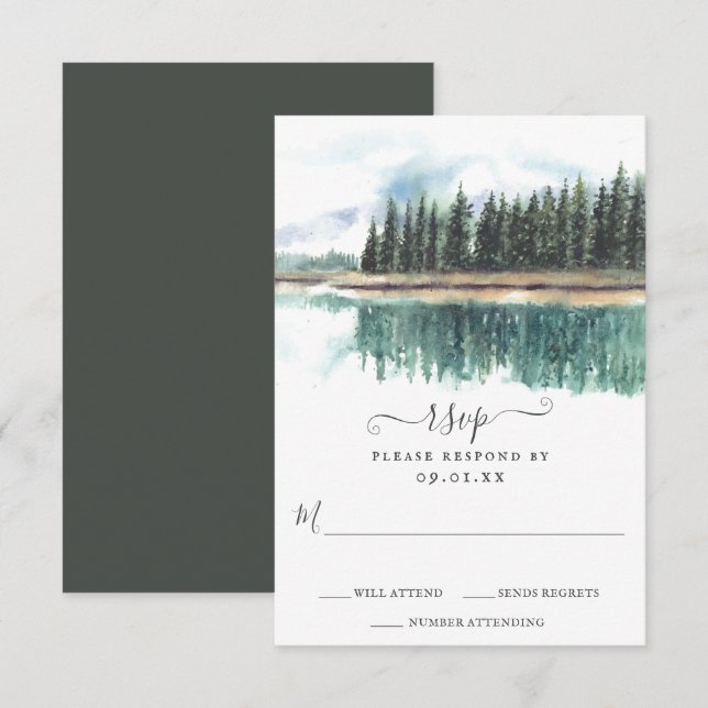 Watercolor Rustic Lake | Mountain Lake Wedding RSVP Card (Front/Back)