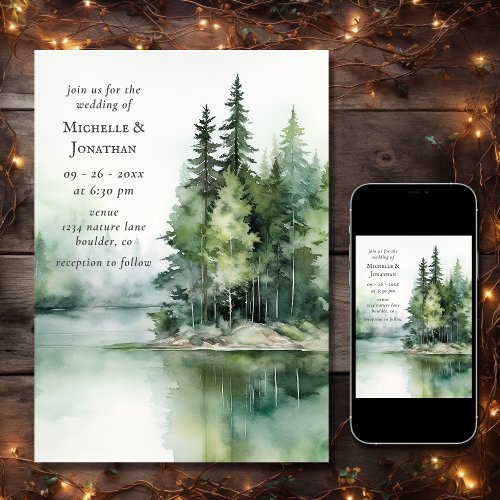 Watercolor Rustic Lake Woodland Forest Wedding Invitation