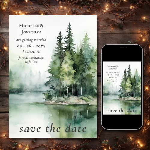 Watercolor Rustic Lake Woodland Forest Wedding Save The Date