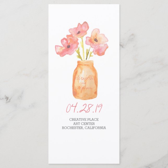 Watercolor rustic mason jar wedding programs (Front)
