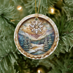 Watercolor Rustic Mountain Ceramic Ornament