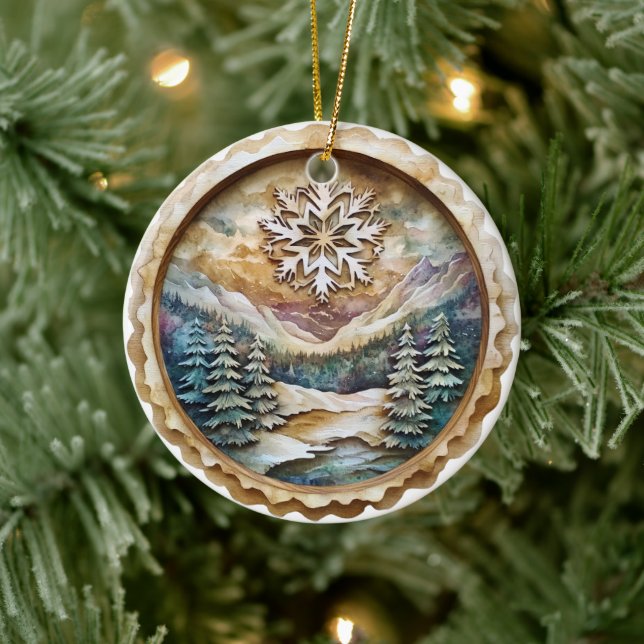 Watercolor Rustic Mountain  Ceramic Ornament (Tree)