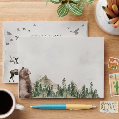 Watercolor Rustic Mountain Forest Return Address Envelope
