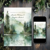 Watercolor Rustic Mountain Lake Forest Wedding