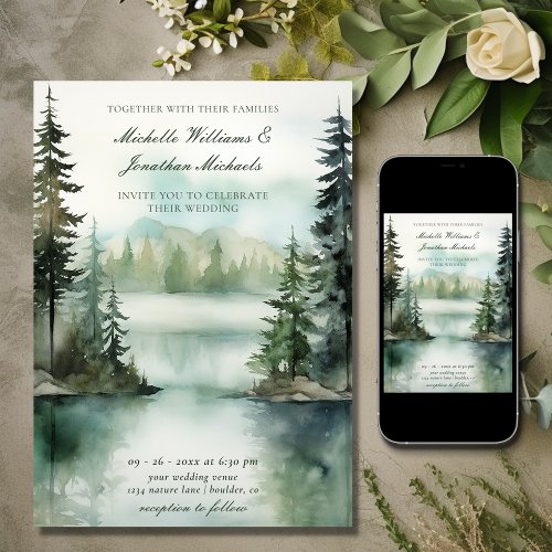 Watercolor Rustic Mountain Lake Forest Wedding Invitation