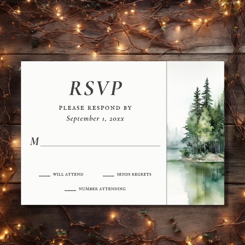 Watercolor Rustic Mountain Lake Forest Wedding RSVP Card