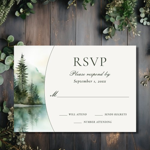 Watercolor Rustic Mountain Lake Forest Wedding RSVP Card