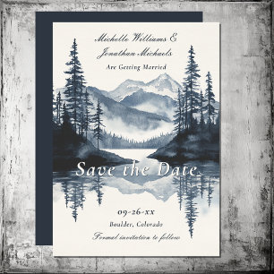 Watercolor Rustic Mountain Lake Forest Wedding Save The Date