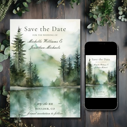 Watercolor Rustic Mountain Lake Forest Wedding Save The Date
