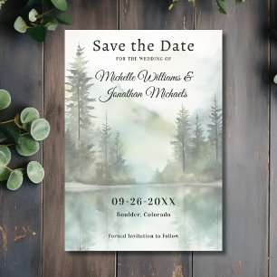 Watercolor Rustic Mountain Lake Forest Wedding Save The Date