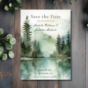 Watercolor Rustic Mountain Lake Forest Wedding Save The Date