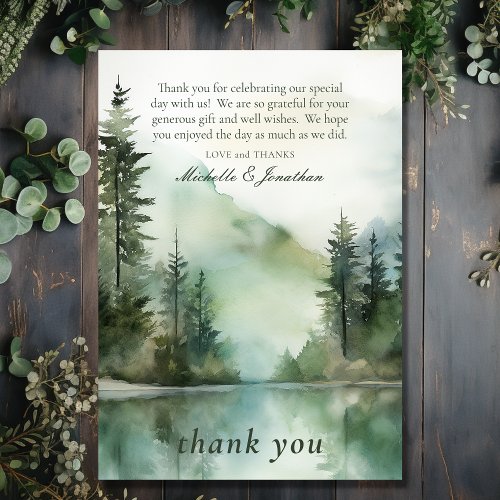 Watercolor Rustic Mountain Lake Forest Wedding Thank You Card