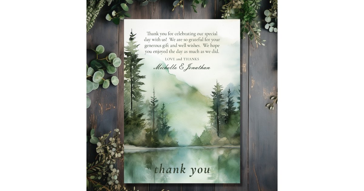 Watercolor Rustic Mountain Lake Forest Wedding Thank You Card | Zazzle