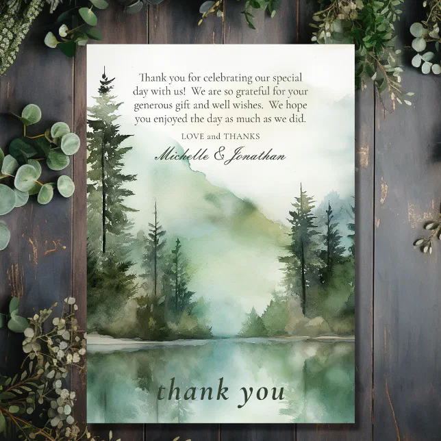 Watercolor Rustic Mountain Lake Forest Wedding Thank You Card | Zazzle