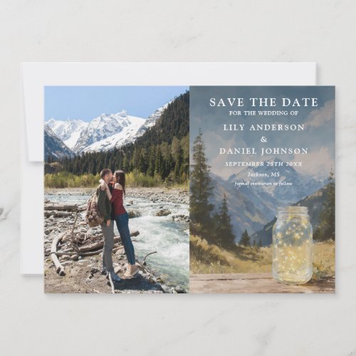 Watercolor Rustic Mountain Mason Jar Wedding Photo Save The Date