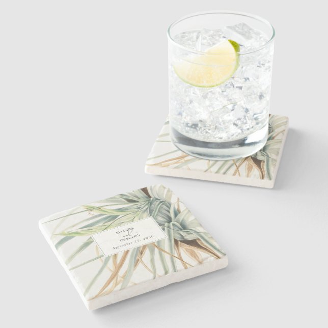 Watercolor Rustic Neutral Boho Botanical Wedding Stone Coaster (Side)