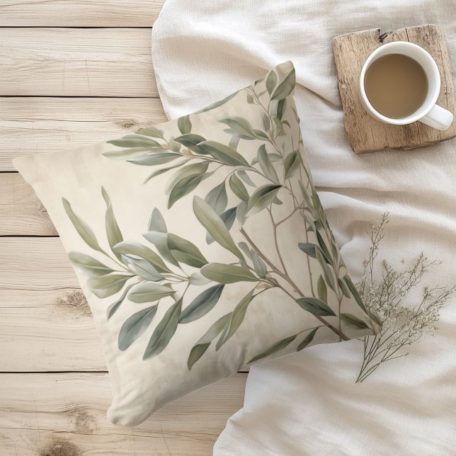 Watercolor Rustic Olive Branches Throw Pillow (Creator Uploaded)
