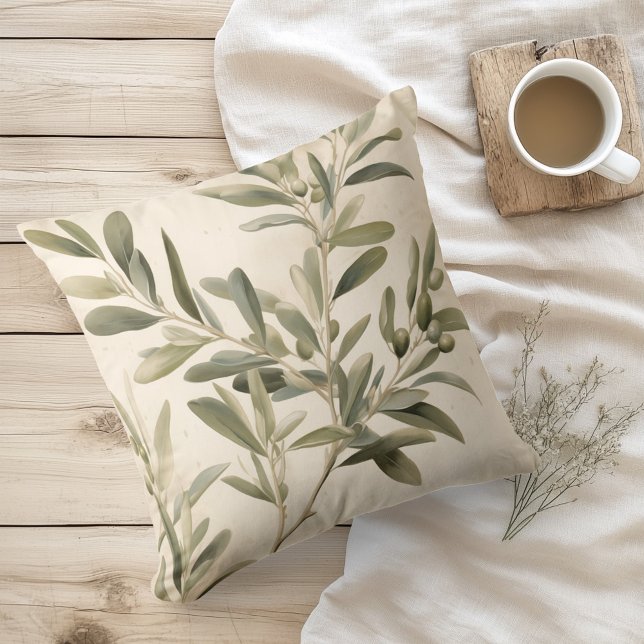 Watercolor Rustic Olive Branches Throw Pillow (Creator Uploaded)