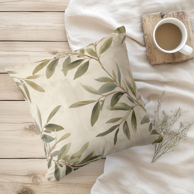 Watercolor Rustic Olive Branches Throw Pillow (Creator Uploaded)