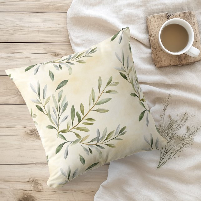 Watercolor Rustic Olive Branches Throw Pillow (Creator Uploaded)