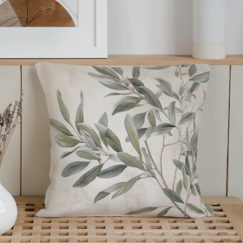 Watercolor Rustic Olive Branches Throw Pillow