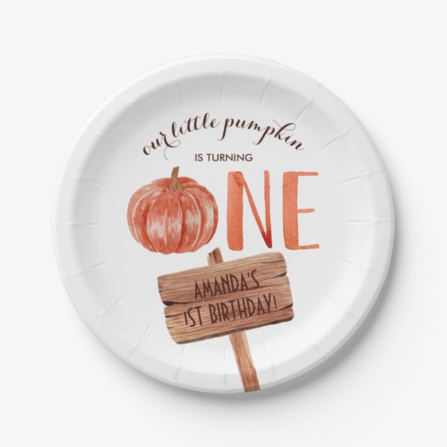 Watercolor Rustic One 1st Birthday Little Pumpkin  Paper Plates (Front)