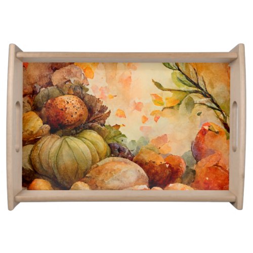 Watercolor Rustic Orange Pumpkins Fall Leaves Serving Tray