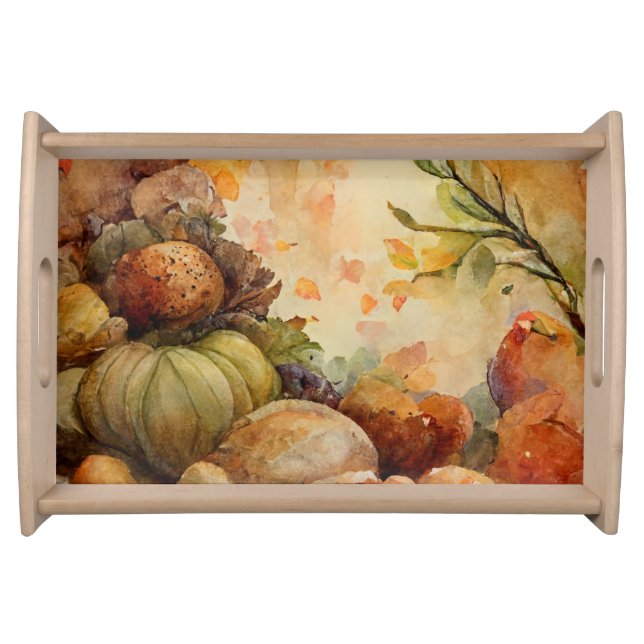 Watercolor Rustic Orange Pumpkins Fall Leaves Serving Tray (Front)