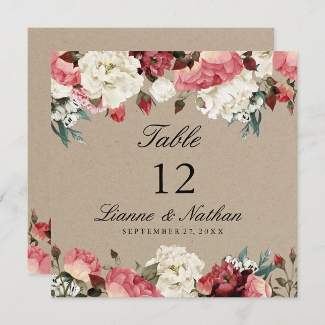 Watercolor Rustic Peony Floral Table + Menu Card (Front/Back)