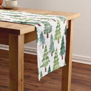Watercolor Rustic Pine Forest Pattern Winter Short Table Runner