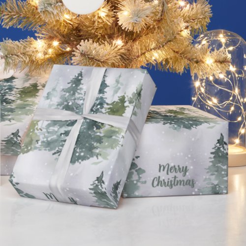 Watercolor Rustic Pine Trees Forest Snow Winter Wr Wrapping Paper