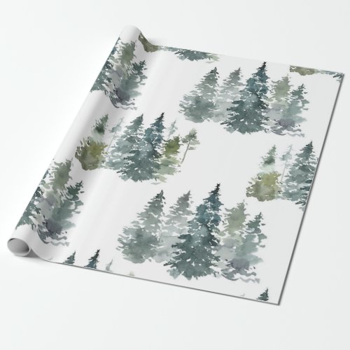 Watercolor Rustic Pine Trees Forest Snow Winter Wrapping Paper